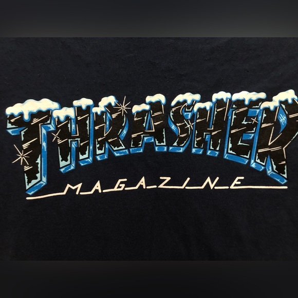 THRASHER magazine dark navy blue logo womens crew neck cotton tshirt size Small - Picture 2 of 4